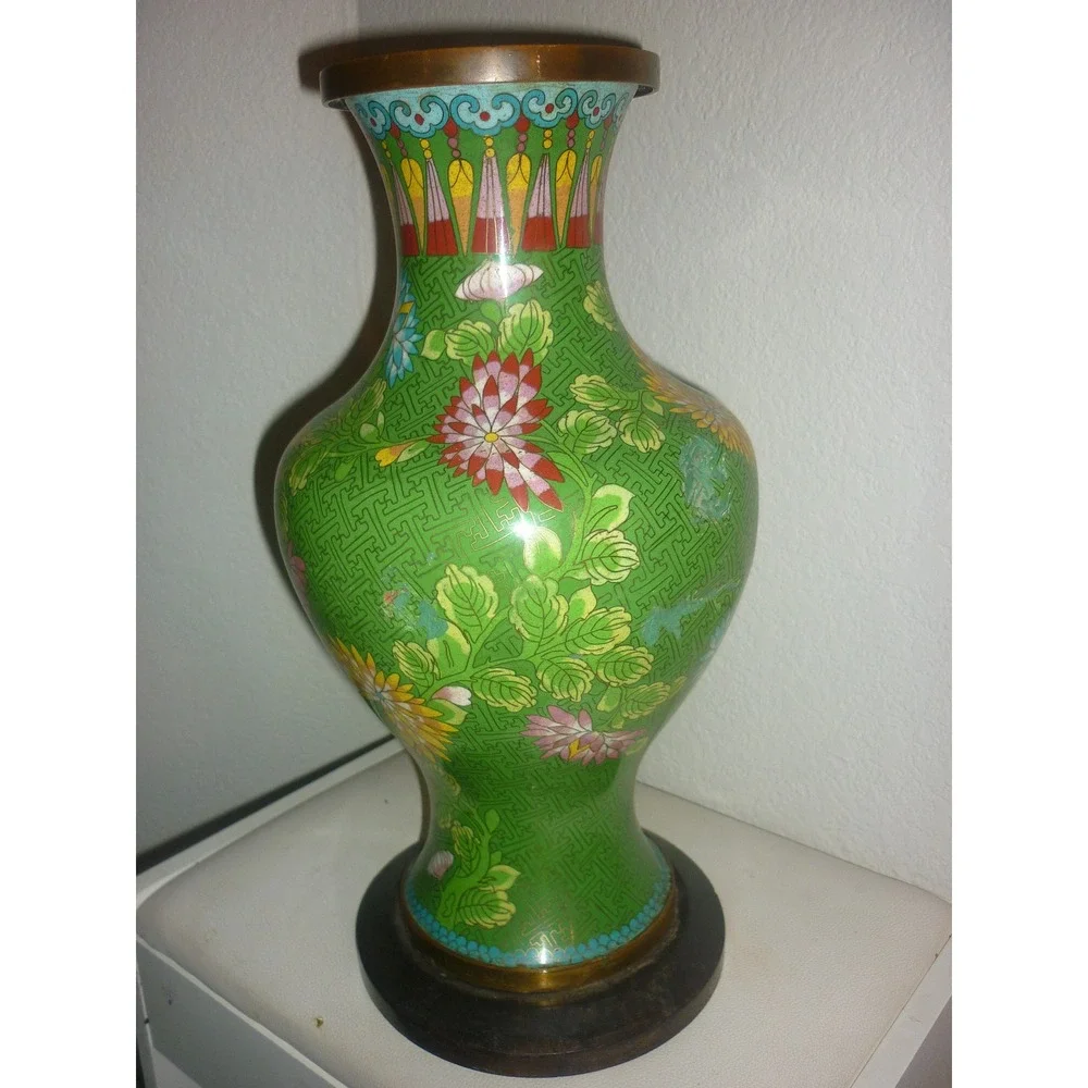 Vintage Green Cloisonne Enamel Floral‎ Vase Brass Wirework with Wood Base 16in
